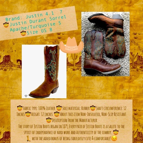 🤠Justin Durant Sorrel Apache/Turquoise Size 8 cowboy/cowgirl boot in GUC! - Picture 1 of 16